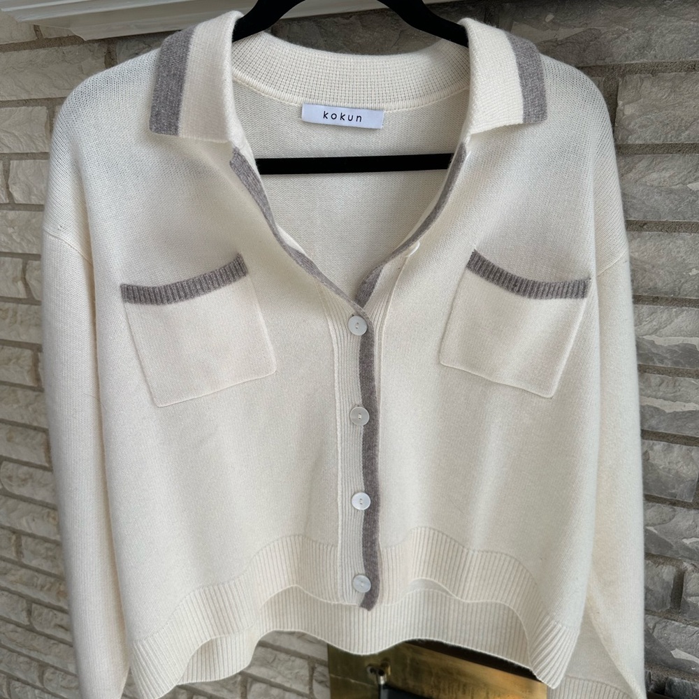 Kokun NYC 100% cashmere cardigan Cream and Gray Sweater